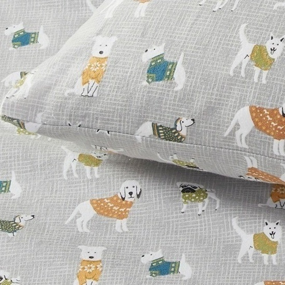 True North Cotton Dog Print Sheet Set Size Queen Grey Winter Sweater Pugs Westie